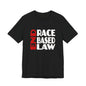 END RACE BASED LAW  Red White T-Shirt Short Sleeve